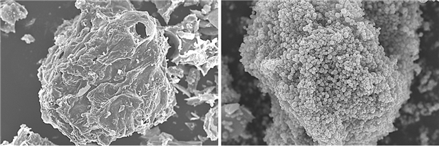 일반 바이오차(좌) 및 3차원 구조의 미세원형 자성물질이 코팅된 바이오차(우)의 주사전자 현미경(Scanning Electron Microscope) 사진 