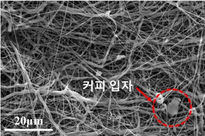 [Figure 2] Nanocomposite filter micrograph A composite filter made of Polycaprolactone (PCL) fibers and coffee particles