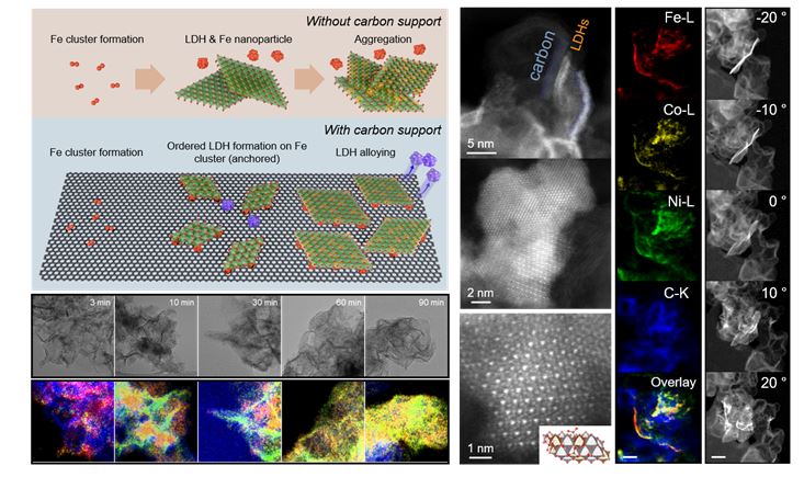 Time-dependent transmission electron micrograph images of nickel-iron-cobalt layered double hydroxide synthesis on carbon supports, high resolution scanning TEM and EDS elemental mapping images