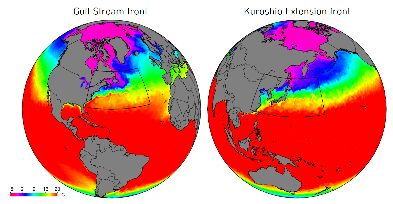 Atlantic & Pacific ocean fronts - Ocean fronts near the Gulf Stream and Kuroshio Currents that represent narrow regions where sea surface temperature sharply decreases northward.