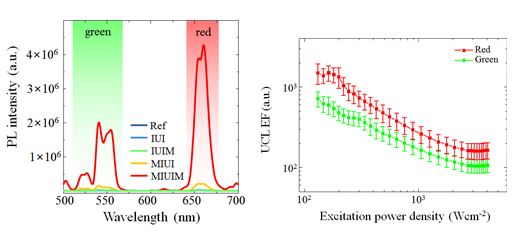  적외선을 플라즈모닉 나노구조체(MIUIM)를 포함한 다양한 샘플에 조사하였을때의 PL 세기 비교